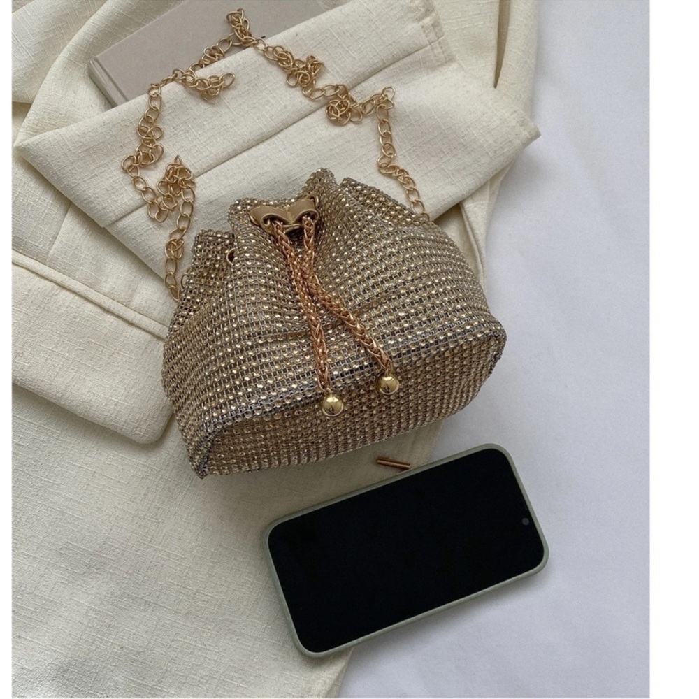 Luxe Textured Chain Handle Bucket Evening Party Formal Shoulder Crossbody - Picture 5 of 5